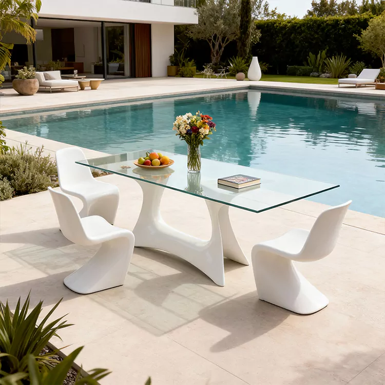 FRP Dining Set with Sculptural Base and Glass Top
